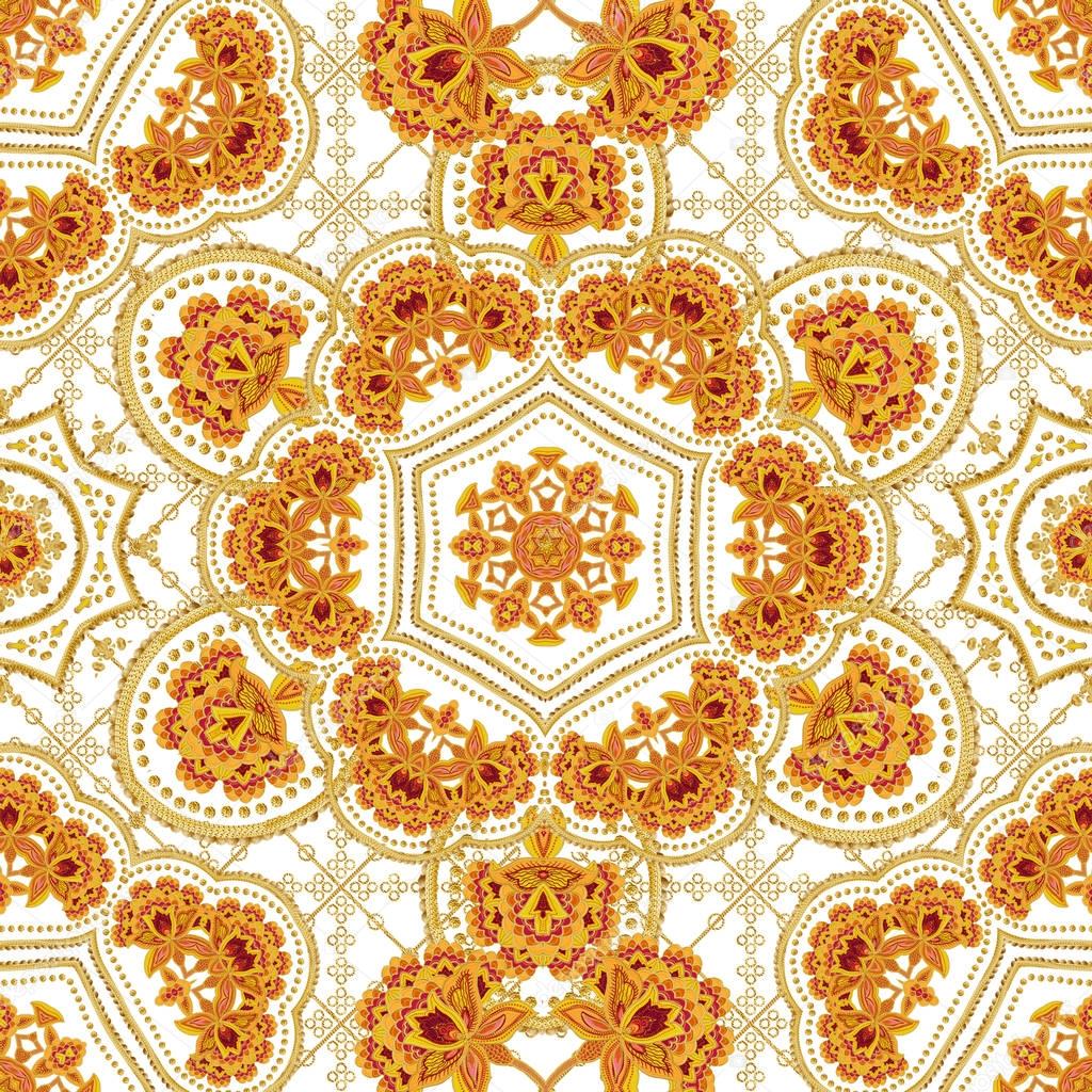 Seamless pattern. Golden textured curls. Oriental style arabesques. Brilliant lace, stylized flowers. Openwork weaving delicate, golden background. Paisley, Indian cucumber.