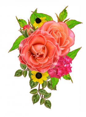 Çiçek kompozisyon. parlak turuncu gül buketi, yeşil yaprakları