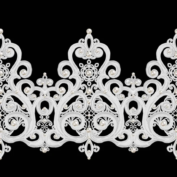 Seamless pattern border. Openwork weaving delicate, silver background, shiny lace, vintage old style arabesques. Edging decorative. Decoration from pearls, beads. — Stock Photo, Image