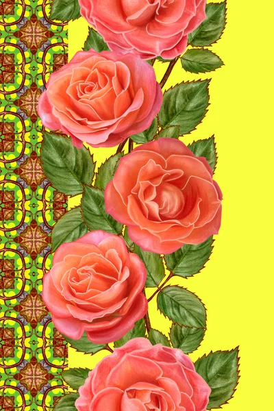 Frontera floral vertical. Patrón sin costuras. Guirnalda de hermosas rosas naranjas brillantes — Foto de Stock