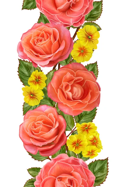 Vertical floral border. Seamless pattern. Garland of beautiful bright orange roses