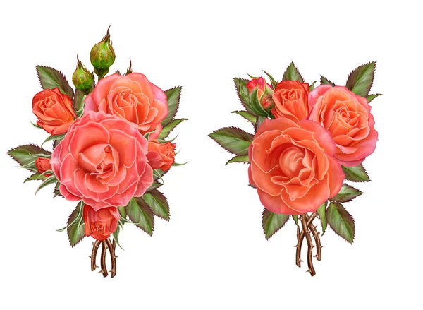 Composição da flor. buquê de rosas laranja brilhante, folhas verdes — Fotografia de Stock
