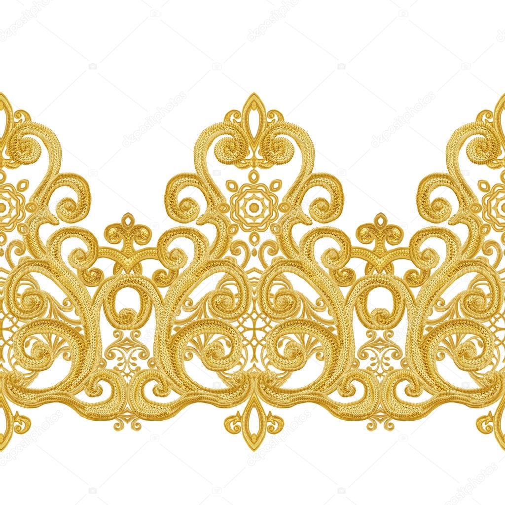 Seamless pattern. Golden textured curls. Oriental style arabesques. Brilliant lace, stylized flowers. Openwork weaving delicate, golden background.