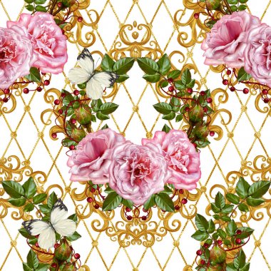 Desen, kesintisiz, çiçek sınır. Çiçek çelenk. Güzel pembe Gül tomurcukları, yaprakları, kaba kumaş, tuval. Altın bukleler, parlak oyma dokuma. Vintage eski arka plan.