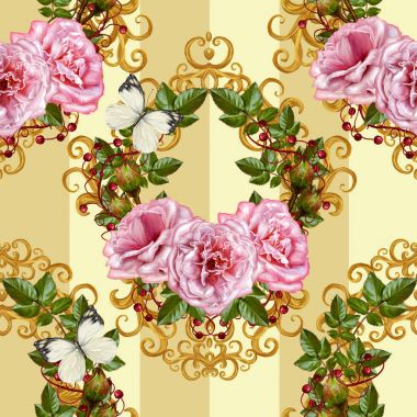 Desen, kesintisiz, çiçek sınır. Çiçek çelenk. Güzel pembe Gül tomurcukları, yaprakları, kaba kumaş, tuval. Altın bukleler, parlak oyma dokuma. Vintage eski arka plan.