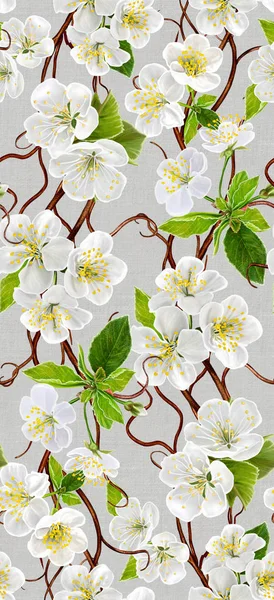 Bordo floreale verticale senza cuciture. Fioritura di primavera. Un ramo di una ciliegia bianca fiorente. Fondo floreale . — Foto Stock