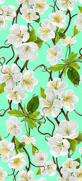 Вертикальна безшовна квіткова рамка. Весняне цвітіння. Гілка квітучої білої вишні. Квітковий фон . — стокове фото