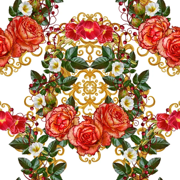 Φαντασία, απρόσκοπτη, floral σύνορα. Γιρλάντα από λουλούδια. Όμορφη πορτοκαλί τριαντάφυλλο, μπουμπούκια, φύλλα, τραχιά υφάσματα, καμβά. Χρυσές μπούκλες, λαμπερά tracery ύφανση. Εκλεκτής ποιότητας φόντο παλιά. — Φωτογραφία Αρχείου