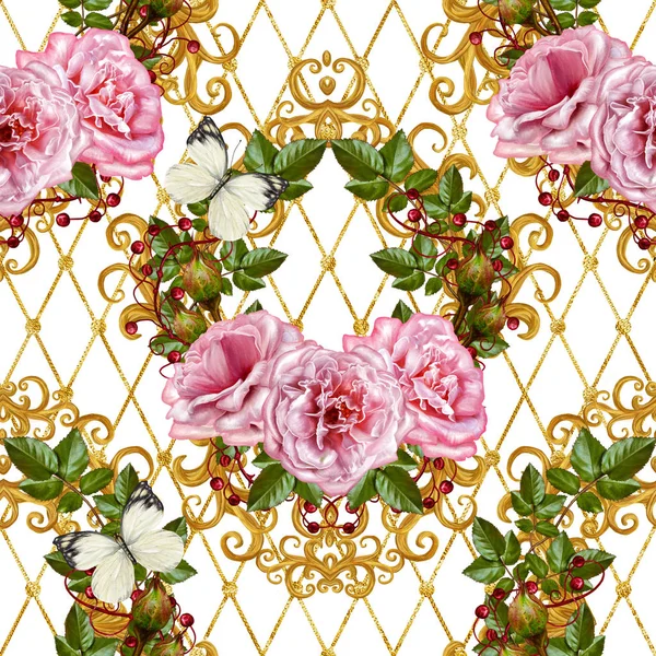 Φαντασία, απρόσκοπτη, floral σύνορα. Γιρλάντα από λουλούδια. Όμορφη ροζ τριαντάφυλλο, μπουμπούκια, φύλλα, τραχιά υφάσματα, καμβά. Χρυσές μπούκλες, λαμπερά tracery ύφανση. Εκλεκτής ποιότητας φόντο παλιά. — Φωτογραφία Αρχείου