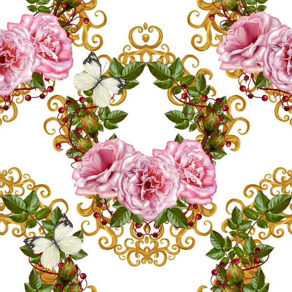 Muster, nahtlose, florale Border.Girlande aus Blumen. schöne rosa Rose, Knospen, Blätter, grobes Tuch, Leinwand. Goldene Locken, glänzendes Bindegewebe. Alter Hintergrund. — Stockfoto