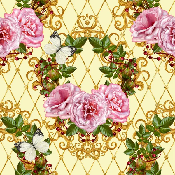 Pattern, seamless, floral border.Garland of flowers. Beautiful pink rose, buds, leaves, rough cloth, canvas. Golden curls, shiny tracery weave. Vintage old background. — Stock Photo, Image