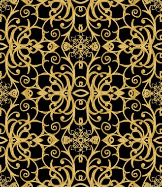 Seamless modeli. Altın dokulu bukleler. Oryantal tarzı Arabesk. Parlak dantel, stilize çiçekler. Narin, altın siyah arka plan dokuma Ajur.