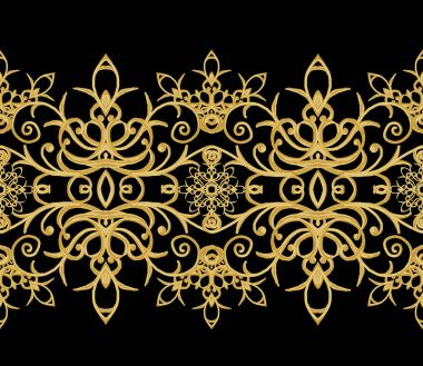 Seamless modeli. Altın dokulu bukleler. Oryantal tarzı Arabesk. Parlak dantel, stilize çiçekler. Narin, altın siyah arka plan dokuma Ajur.