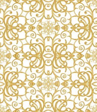 Seamless modeli. Altın dokulu bukleler. Oryantal tarzı Arabesk. Parlak dantel, stilize çiçekler. Narin, altın beyaz arka plan dokuma Ajur.