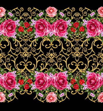Seamless modeli. Altın dokulu bukleler. Oryantal tarzı Arabesk. Parlak dantel, stilize çiçekler. Dokuma narin, altın arka plan, kompozisyon, kırmızı ve pembe Gül çelenk Ajur.
