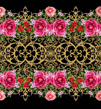 Seamless modeli. Altın dokulu bukleler. Oryantal tarzı Arabesk. Parlak dantel, stilize çiçekler. Dokuma narin, altın arka plan, kompozisyon, kırmızı ve pembe Gül çelenk Ajur.