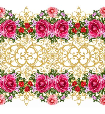 Seamless modeli. Altın dokulu bukleler. Oryantal tarzı Arabesk. Parlak dantel, stilize çiçekler. Dokuma narin, altın arka plan, kompozisyon, kırmızı ve pembe Gül çelenk Ajur.