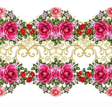 Seamless modeli. Altın dokulu bukleler. Oryantal tarzı Arabesk. Parlak dantel, stilize çiçekler. Dokuma narin, altın arka plan, kompozisyon, kırmızı ve pembe Gül çelenk Ajur.