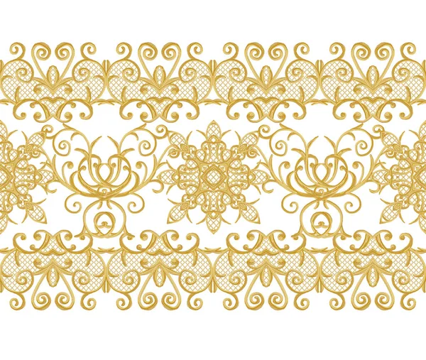Seamless pattern. Golden textured curls. Oriental style arabesques. Brilliant lace, stylized flowers. Openwork weaving delicate, golden white background. — Stock Photo, Image