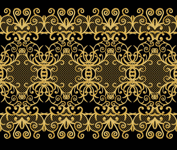 Seamless pattern. Golden textured curls. Oriental style arabesques. Brilliant lace, stylized flowers. Openwork weaving delicate, golden black background.