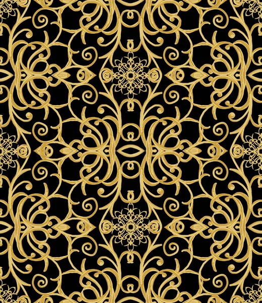 Vzor bezešvé. Zlaté texturou kadeře. Orientální styl arabeskami. Brilantní krajky, stylizované květiny. Prolamované tkaní delikátní, zlaté černé pozadí. — Stock fotografie