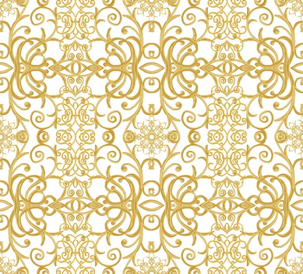 Seamless pattern. Golden textured curls. Oriental style arabesques. Brilliant lace, stylized flowers. Openwork weaving delicate, golden white background. — Stock Photo, Image