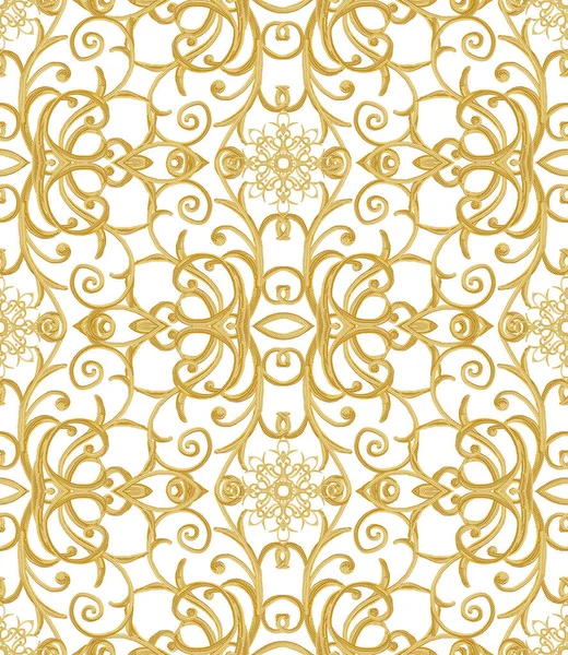 Naadloze patroon. Gouden getextureerde krullen. Oosterse stijl arabesken. Briljante lace, gestileerde bloemen. Opengewerkte weven van fijne, gouden witte achtergrond. — Stockfoto
