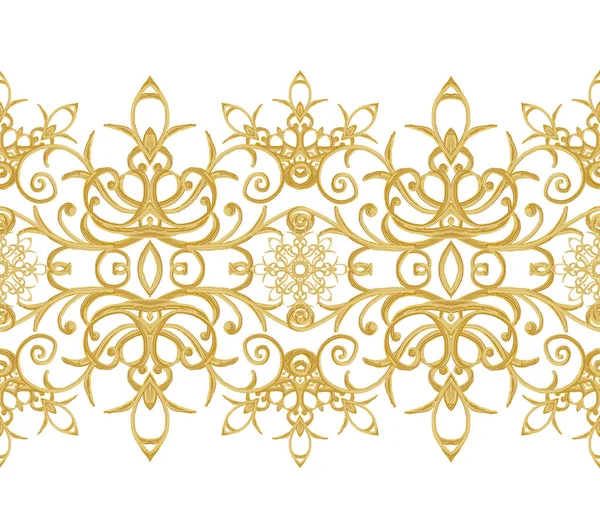 Безшовні візерунок. Золотий текстурованою кучерями. Східному стилі шаблон дизайну. Блискуче мереживо, стилізовані квіти. Ажурний ткацтво тонкий, Золотий білим тлом. — стокове фото