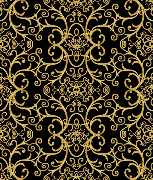 Seamless pattern. Golden textured curls. Oriental style arabesques. Brilliant lace, stylized flowers. Openwork weaving delicate, golden black background. — Stock Photo, Image