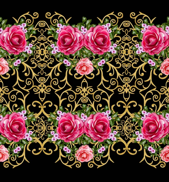 Modèle sans couture. Boucles texturées dorées. Arabesques de style oriental. Dentelle brillante, fleurs stylisées. Tissage ajouré délicat, fond doré, composition, guirlande de roses rouges et roses . — Photo