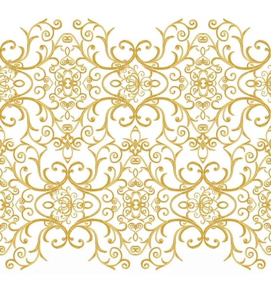 Patrón sin costuras. Rizos dorados texturizados. Arabescos de estilo oriental. Encaje brillante, flores estilizadas. Tejido calado delicado, fondo blanco dorado . —  Fotos de Stock