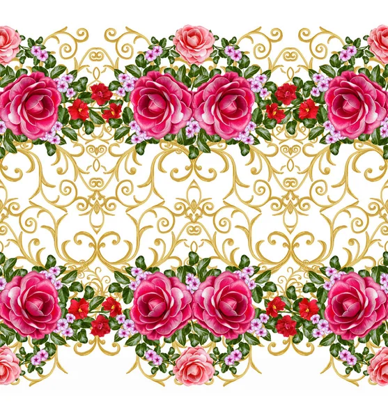 Seamless pattern. Golden textured curls. Oriental style arabesques. Brilliant lace, stylized flowers. Openwork weaving delicate, golden background, composition, garland of red,  and pink roses. — Stock Photo, Image