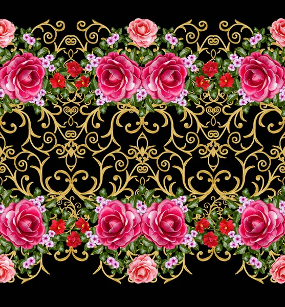 Patrón sin costuras. Rizos dorados texturizados. Arabescos de estilo oriental. Encaje brillante, flores estilizadas. Tejido calado delicado, fondo dorado, composición, guirnalda de rosas rojas y rosas rosadas . —  Fotos de Stock