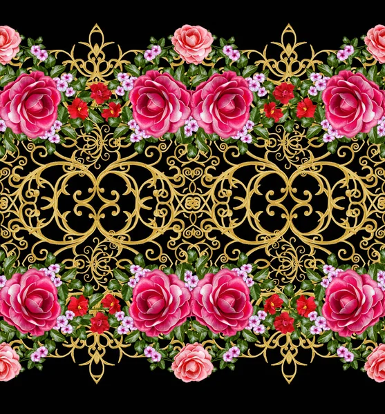 Χωρίς ραφή πρότυπο. Χρυσή ανάγλυφη μπούκλες. Ανατολίτικο στυλ αραβουργήματα. Λαμπρή δαντέλα, στυλιζαρισμένα λουλούδια. Διάτρητο ύφανσης, λεπτό, χρυσό φόντο, σύνθεση, γιρλάντα από κόκκινα, και ροζ τριαντάφυλλα. — Φωτογραφία Αρχείου
