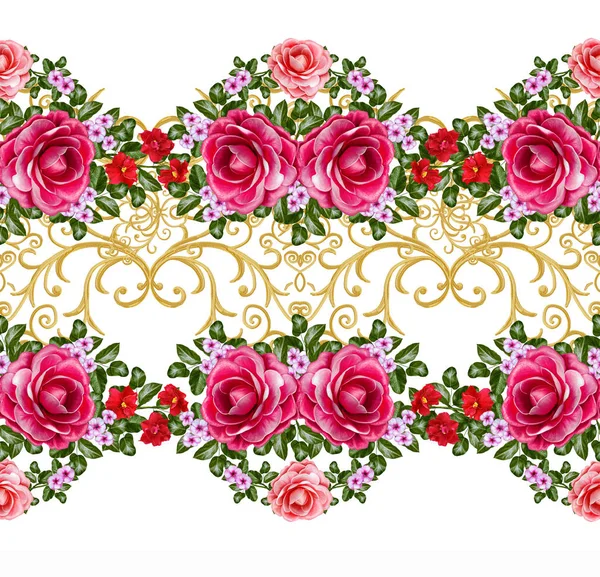 Χωρίς ραφή πρότυπο. Χρυσή ανάγλυφη μπούκλες. Ανατολίτικο στυλ αραβουργήματα. Λαμπρή δαντέλα, στυλιζαρισμένα λουλούδια. Διάτρητο ύφανσης, λεπτό, χρυσό φόντο, σύνθεση, γιρλάντα από κόκκινα, και ροζ τριαντάφυλλα. — Φωτογραφία Αρχείου