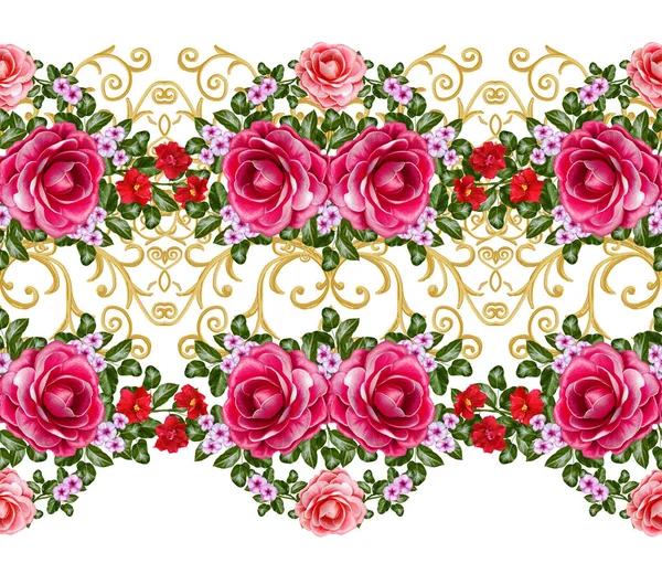 Seamless pattern. Golden textured curls. Oriental style arabesques. Brilliant lace, stylized flowers. Openwork weaving delicate, golden background, composition, garland of red,  and pink roses. — Stock Photo, Image