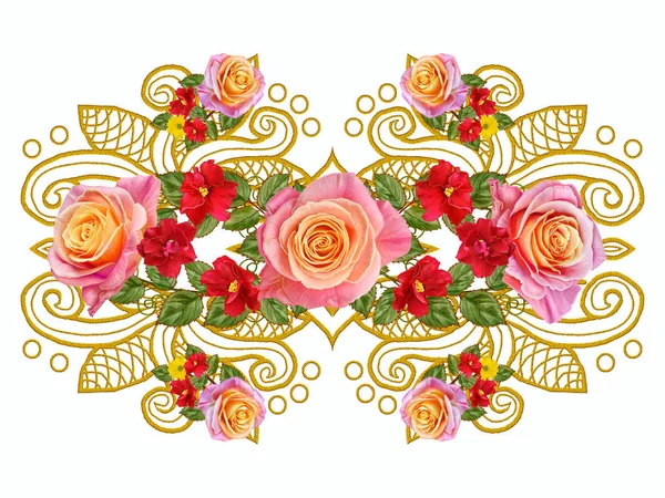 Rizos dorados texturizados. Arabescos de estilo oriental. Encaje brillante, flores estilizadas. Tejido calado delicado, fondo dorado, composición, guirnalda de rosas rojas, rosadas y amarillas . — Foto de Stock