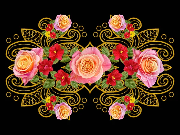 Golden textured curls. Oriental style arabesques. Brilliant lace, stylized flowers. Openwork weaving delicate, golden background, composition, garland of red, Pink and yellow roses. — Stock Photo, Image