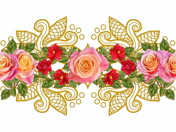 Seamless pattern. Golden textured curls. Oriental style arabesques. Brilliant lace, stylized flowers. Openwork weaving delicate, golden background, composition, garland of red, Pink and yellow roses. — Stock Photo, Image