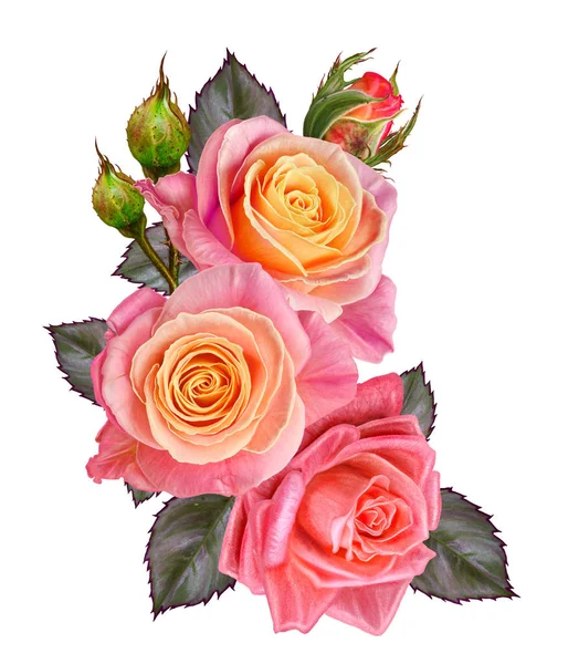 Blütenkomposition. ein Strauß wunderschöner orangefarbener, gelber, rosa Rosen. isoliert auf weißem Hintergrund. — Stockfoto