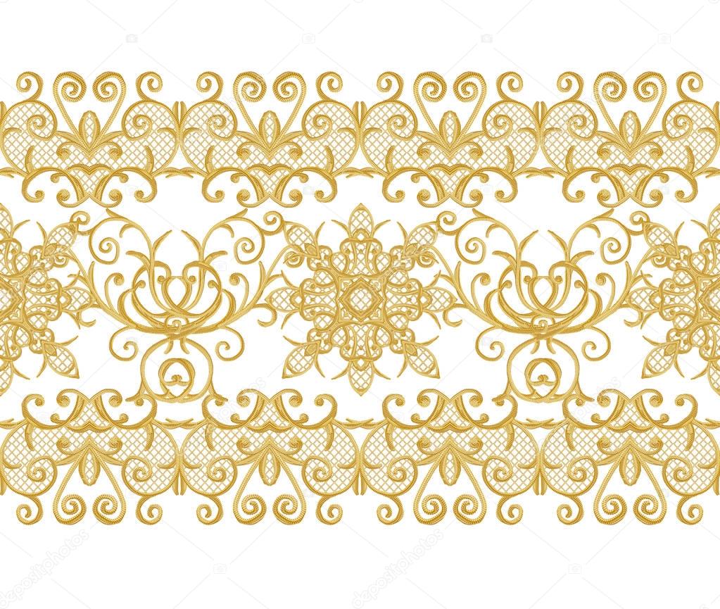 Seamless pattern. Golden textured curls. Oriental style arabesques. Brilliant lace, stylized flowers. Openwork weaving delicate, golden white background.