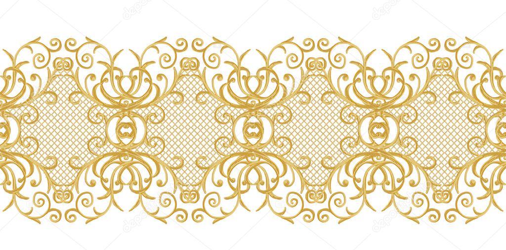 Seamless pattern. Golden textured curls. Oriental style arabesques. Brilliant lace, stylized flowers. Openwork weaving delicate, golden white background.