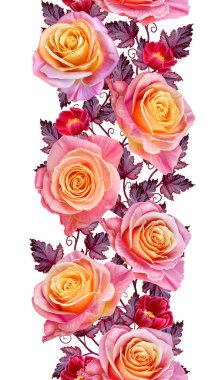 Garland, narin pembe ve sarı güller, parlak kırmızı çiçek bir buket. Çiçek dikey kenarlık. Seamless modeli. Beyaz arka plan üzerinde izole.