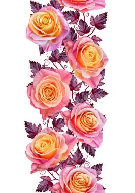 Garland, narin pembe ve sarı güller, parlak kırmızı çiçek bir buket. Çiçek dikey kenarlık. Seamless modeli. Beyaz arka plan üzerinde izole.