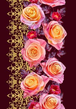 Garland, narin pembe ve sarı güller, parlak kırmızı çiçek bir buket. Çiçek dikey kenarlık. Seamless modeli. Altın dokulu bukleler. Oryantal tarzı Arabesk. Parlak dantel, hassas dokuma Ajur.