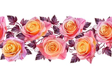 Garland, narin pembe ve sarı güller, parlak kırmızı çiçek bir buket. Çiçek yatay kenarlık. Seamless modeli. Beyaz arka plan üzerinde izole.