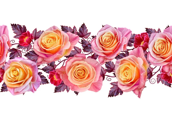 Garland, um buquê de delicadas rosas rosa e amarelo, flores vermelhas brilhantes. Fronteira horizontal floral. Padrão sem costura. Isolado sobre fundo branco . — Fotografia de Stock