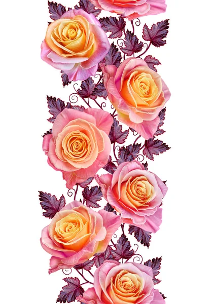 Garland, a bouquet of delicate pink and yellow roses, bright red flowers. Floral vertical border. Seamless pattern. Isolated on white background. — Stock Photo, Image