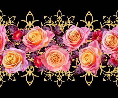 Garland, narin pembe ve sarı güller, parlak kırmızı çiçek bir buket. Çiçek yatay kenarlık. Seamless modeli. Altın dokulu bukleler. Oryantal tarzı Arabesk. Parlak dantel, hassas dokuma Ajur.