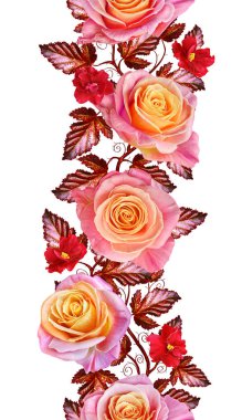 Garland, narin pembe ve sarı güller, parlak kırmızı çiçek bir buket. Çiçek dikey kenarlık. Seamless modeli. Beyaz arka plan üzerinde izole.